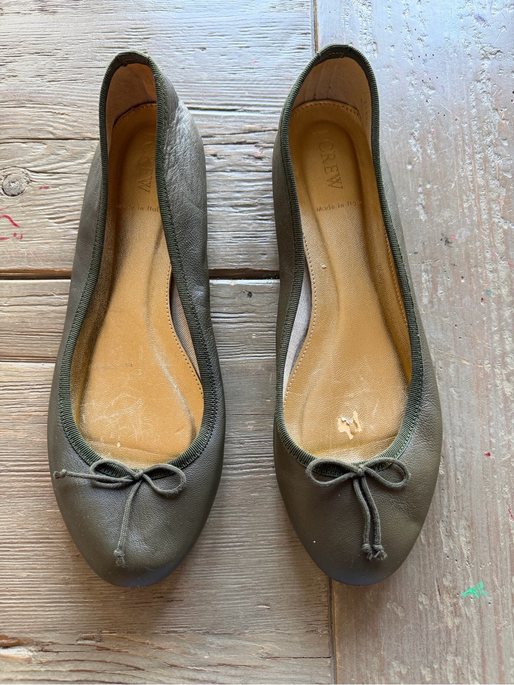 J. Crew Olive Leather Bow Ballet Flats